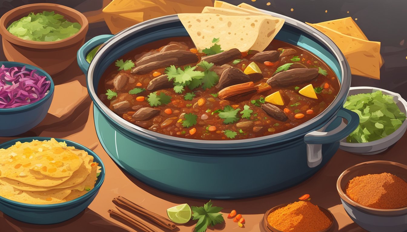 A steaming pot of birria surrounded by colorful spices and fresh ingredients, with a stack of warm tortillas nearby