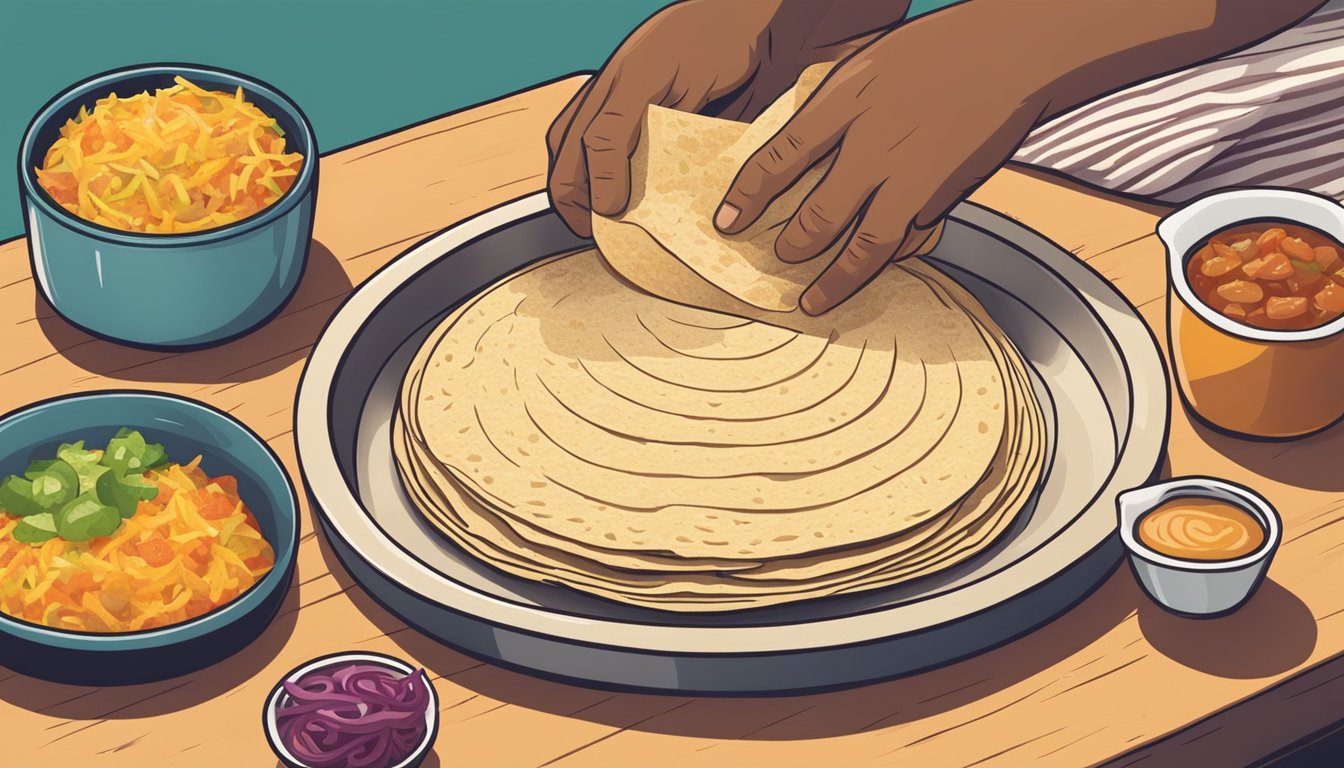 A pair of hands pressing a tortilla into a mold, shaping it into a perfect taco shell. Ingredients and toppings are laid out on a table nearby