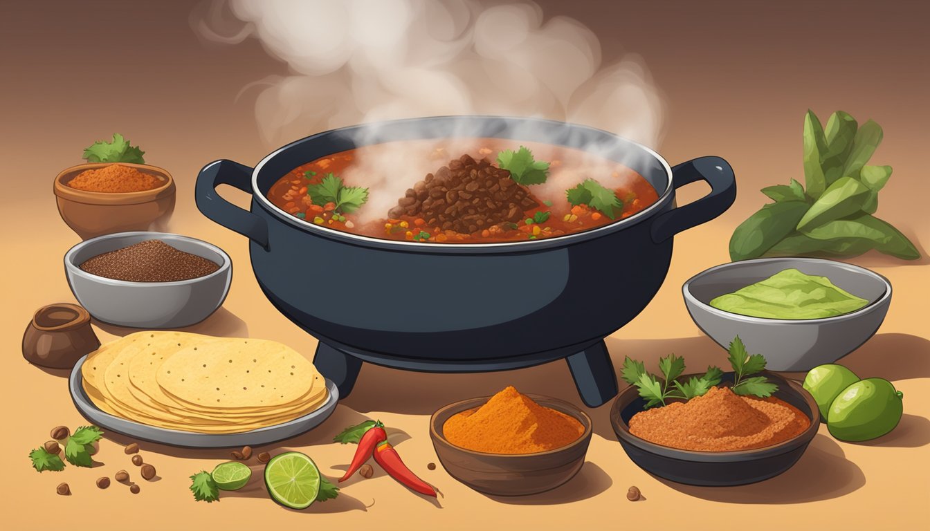 A steaming pot of birria surrounded by traditional Mexican spices and ingredients, with a stack of warm tortillas nearby