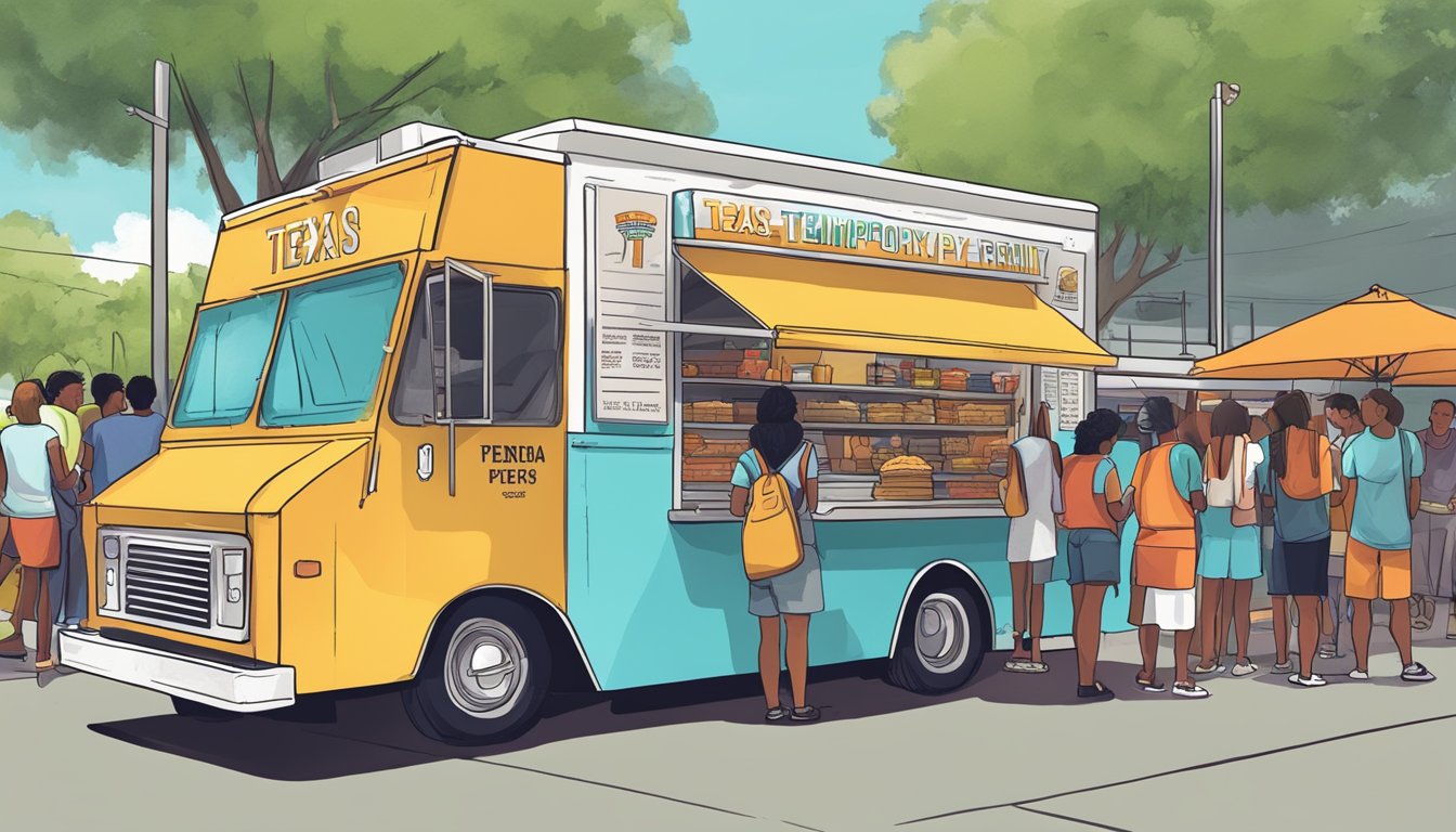 A colorful food truck with a "Texas Temporary Food Permit" displayed prominently. Customers line up to order while vendors prepare and serve food