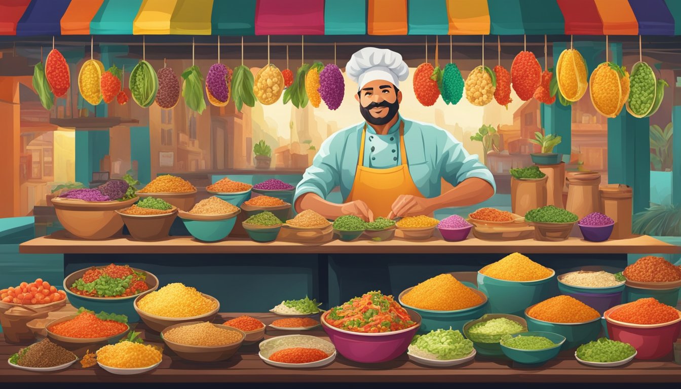 A vibrant market stall with various taco ingredients and a chef preparing traditional fillings