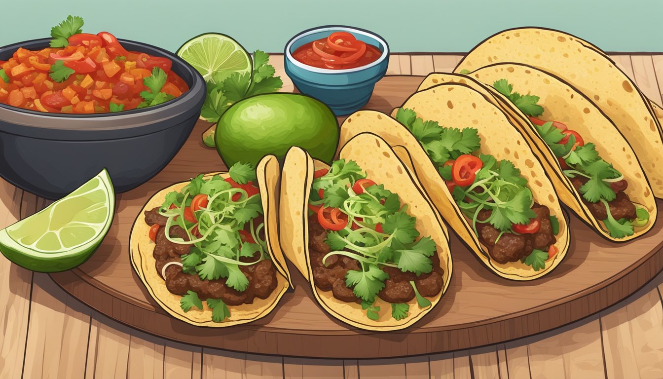 A variety of tacos arranged on a wooden table, surrounded by ingredients like cilantro, lime, and salsa