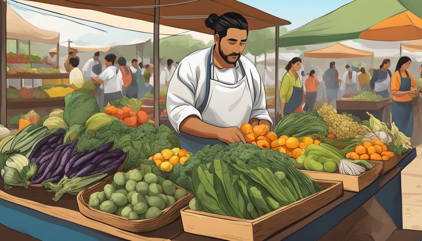 A traditional Mexican market stall showcases huitlacoche alongside vibrant produce, with a chef preparing a dish in the background