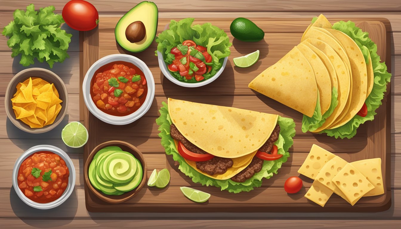 A colorful spread of taco ingredients: tortillas, meat, cheese, salsa, lettuce, and avocado on a wooden cutting board