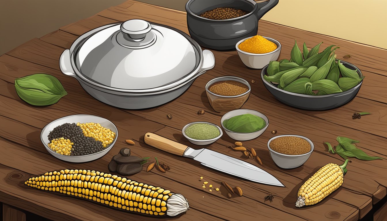 A wooden table set with fresh huitlacoche, corn, and various Mexican spices, with a chef's knife and cutting board nearby