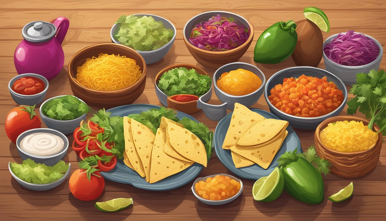 A colorful spread of taco ingredients and utensils on a wooden table