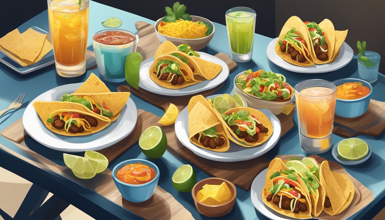 A table set with various tacos, accompanied by matching drinks