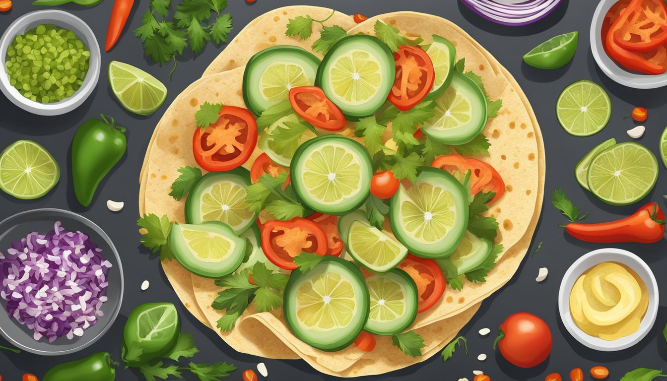 Freshly chopped vegetables and colorful spices arranged around a tortilla, ready to be filled and folded into the perfect taco