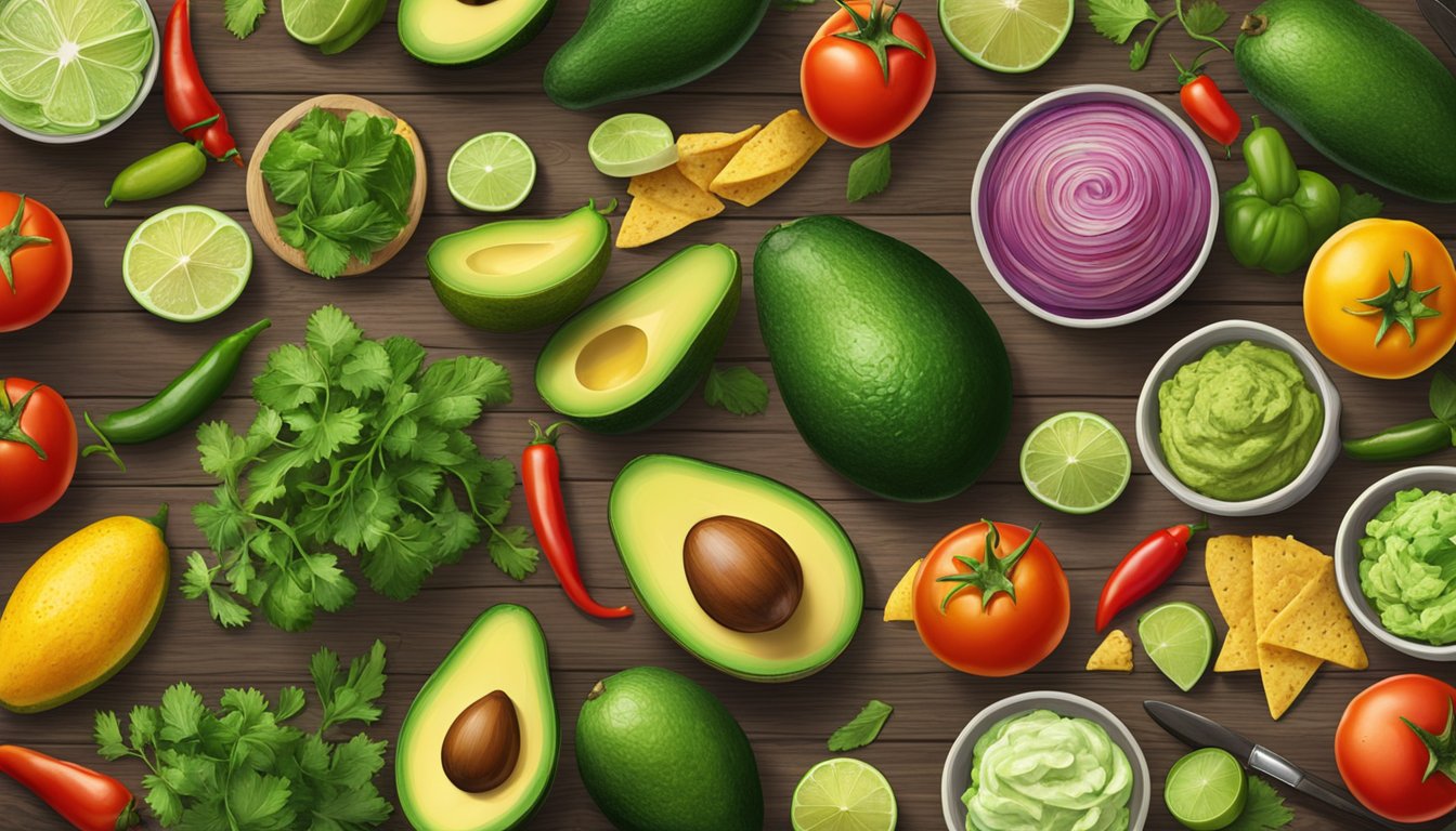 A colorful spread of Tex-Mex ingredients, including avocados, tomatoes, peppers, and cilantro, arranged on a rustic wooden table