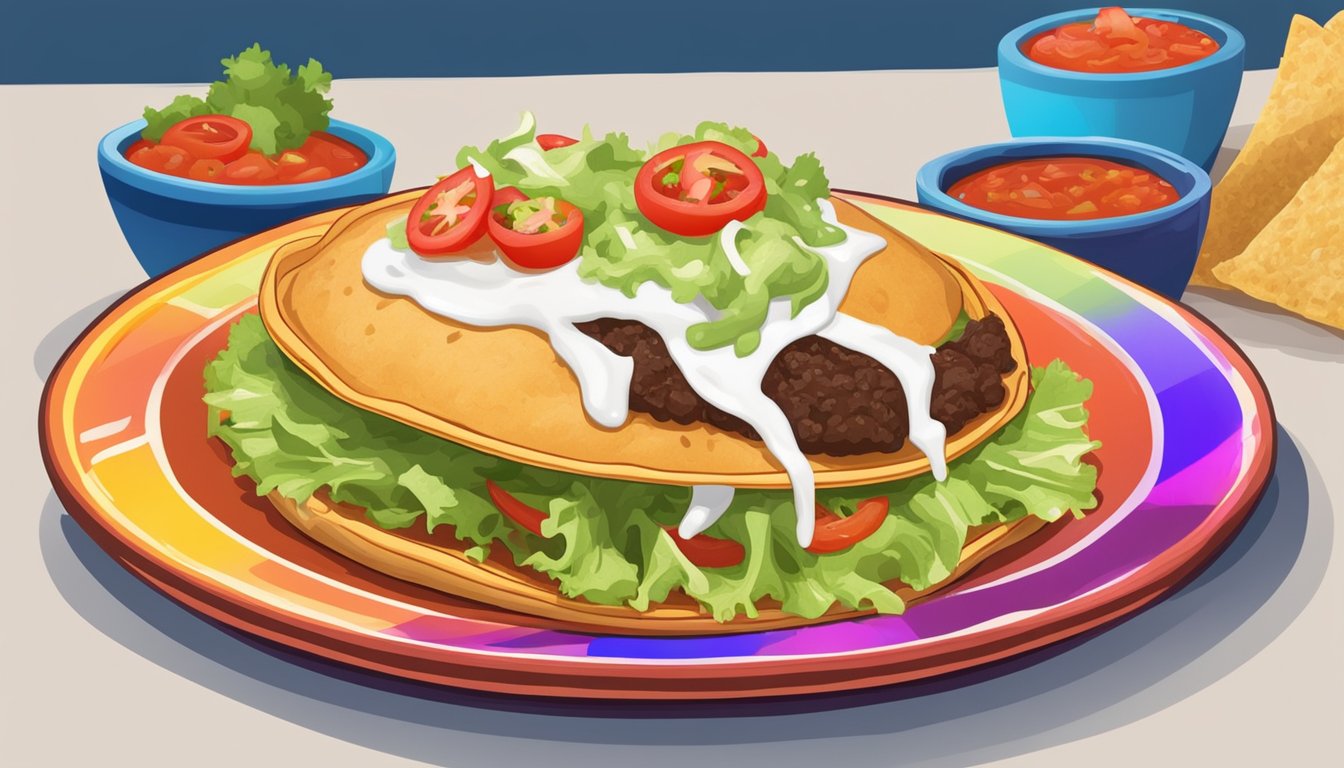 A chalupa sitting on a colorful ceramic plate, garnished with shredded lettuce, diced tomatoes, and drizzled with salsa and sour cream