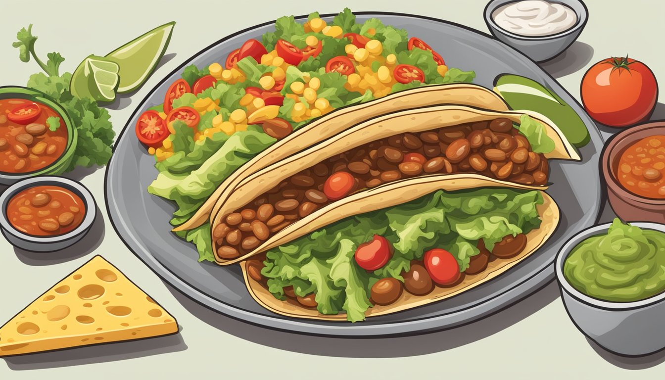 A chalupa surrounded by colorful ingredients like beans, cheese, lettuce, and tomatoes, with a side of salsa and a lime wedge