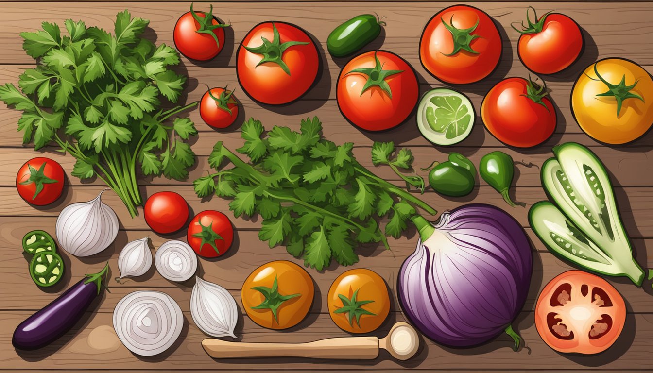 A colorful array of fresh tomatoes, onions, cilantro, and jalapenos, arranged on a wooden cutting board, ready to be chopped and mixed into a vibrant salsa