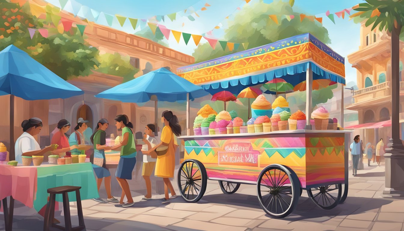 A vibrant street market with colorful Mexican ice cream carts, surrounded by traditional Mexican architecture and people enjoying the frozen treats