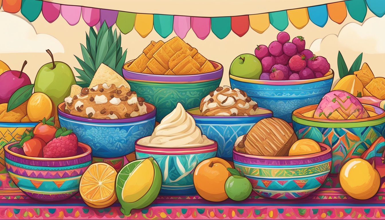 A colorful display of traditional Mexican ice cream flavors in vibrant, hand-painted ceramic bowls, surrounded by fresh fruit and decorative papel picado banners