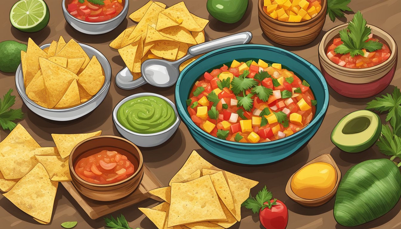 A table with bowls of various salsas: pico de gallo, mango, and verde, surrounded by tortilla chips and a cowboy hat