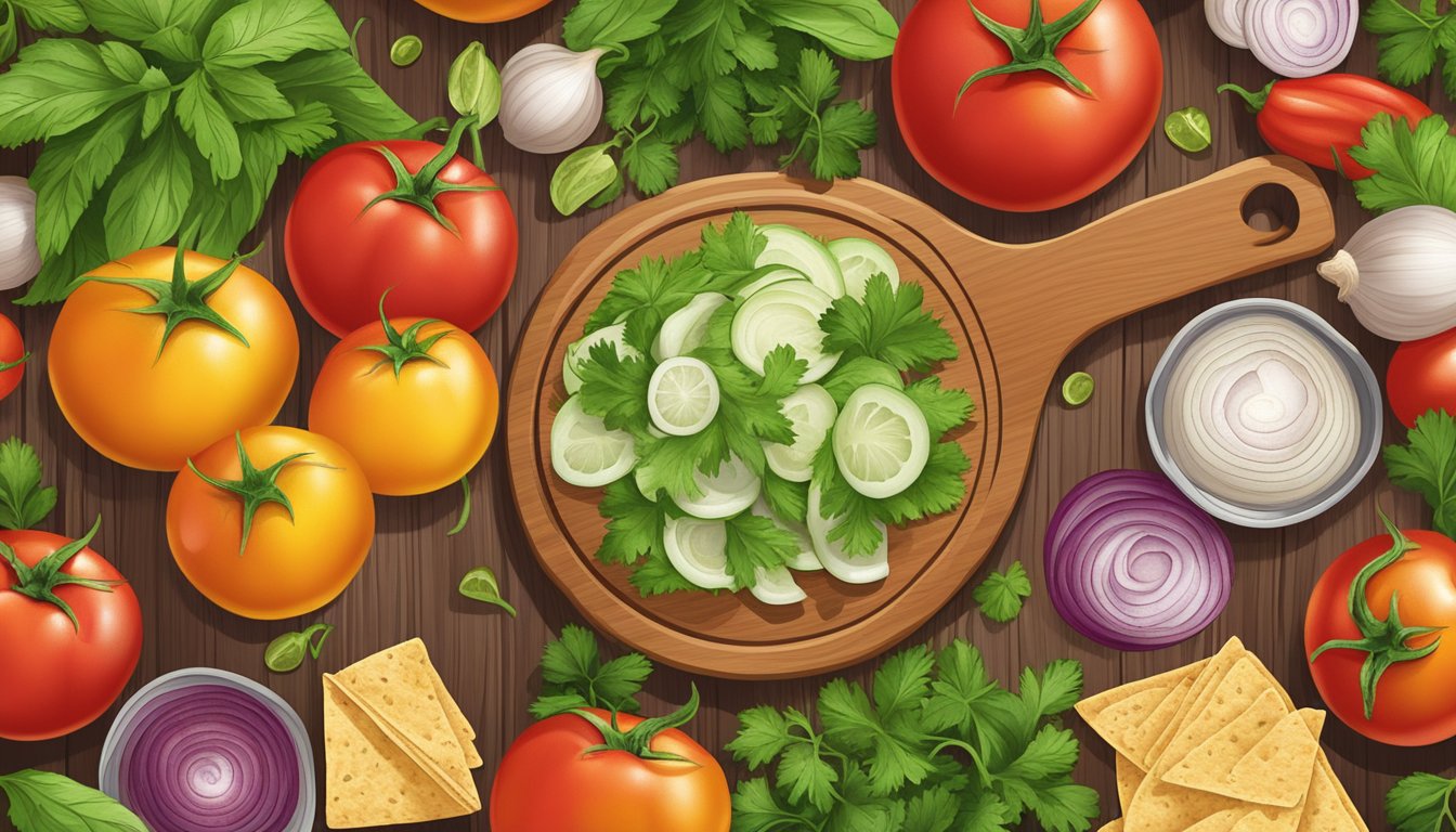 A colorful array of fresh tomatoes, onions, peppers, and cilantro piled on a wooden cutting board, surrounded by a variety of tortilla chips