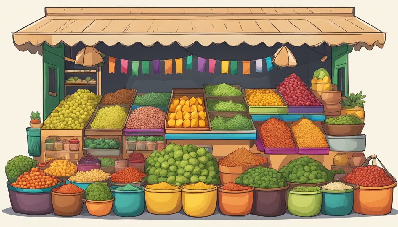 A colorful market stall filled with traditional Mexican ingredients like chili, mango, and avocado, all ready to be turned into delicious ice cream