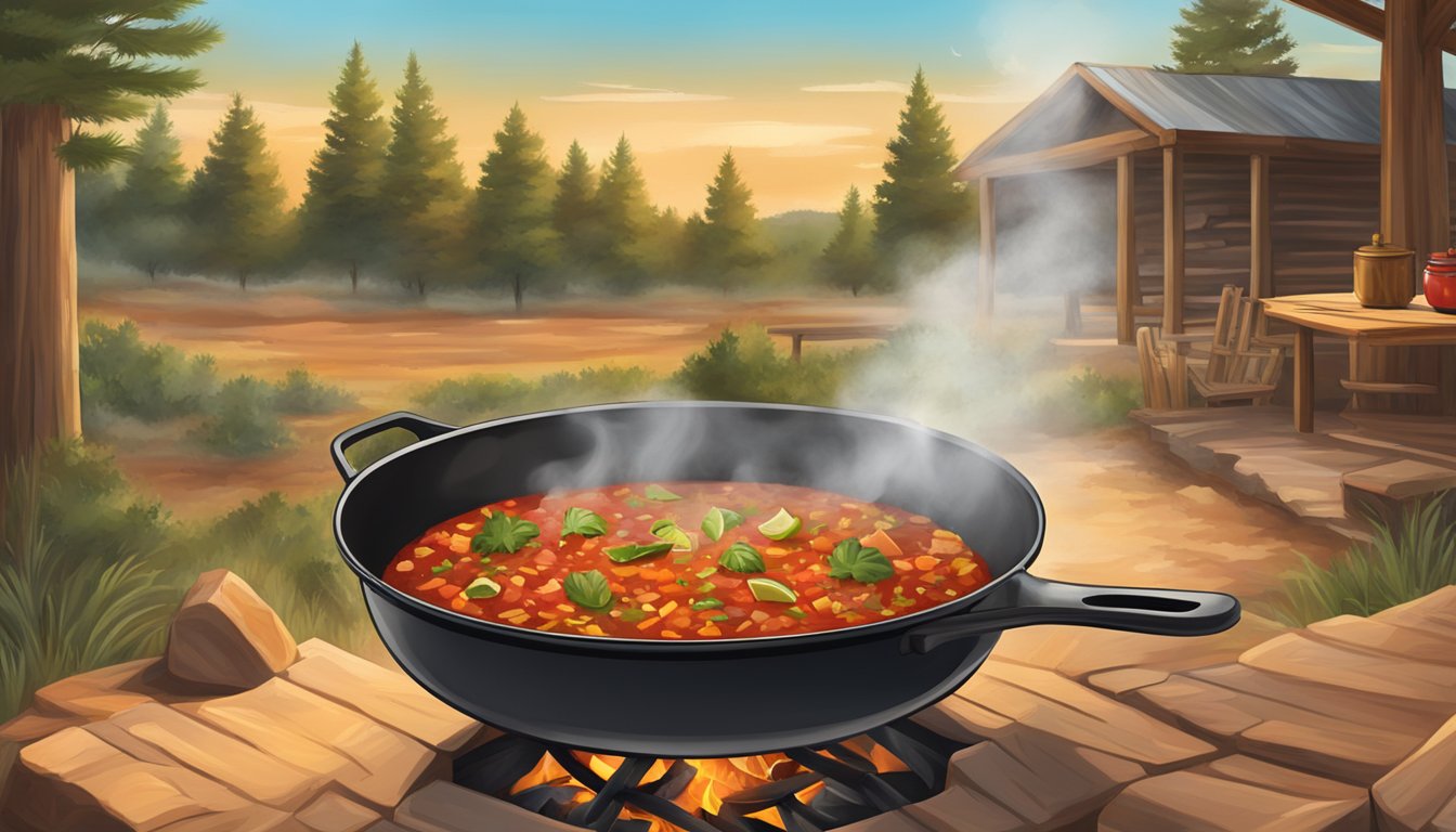 A sizzling skillet of spicy salsa simmers over a crackling campfire, surrounded by a rustic outdoor Texas setting