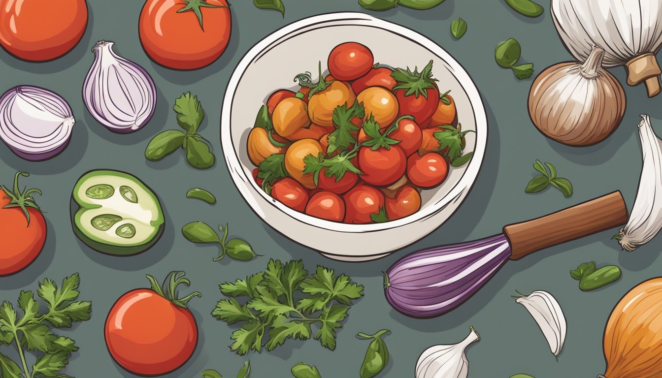 Fresh tomatoes, onions, and jalapeños being chopped and mixed in a bowl, while a mortar and pestle crushes garlic and cilantro