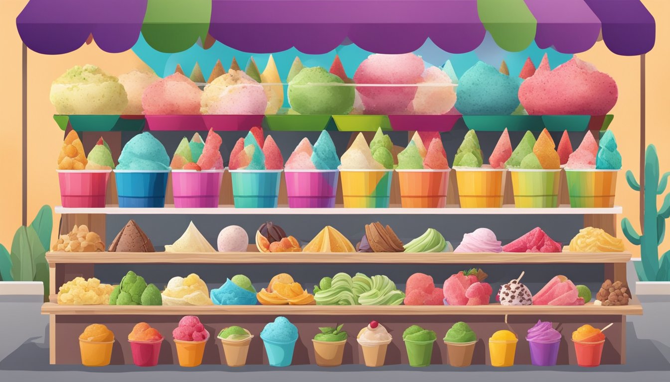 A colorful array of Mexican ice cream flavors displayed on a vibrant market stall. Fresh fruits and traditional ingredients adorn the frozen treats