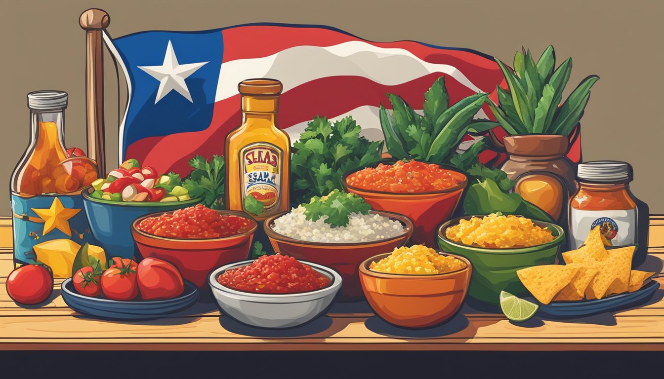 A colorful salsa bar with various ingredients, surrounded by iconic Texas symbols like a lone star and a cowboy hat