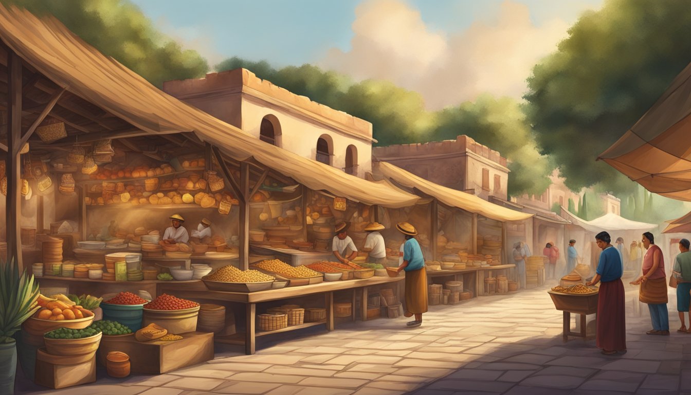 A traditional Mexican marketplace with colonial architecture, showcasing the evolution of taco ingredients and cooking techniques over time