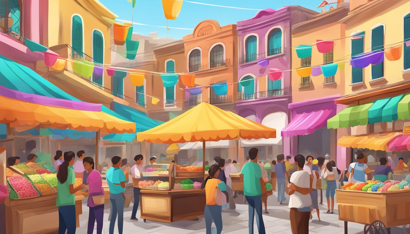 A vibrant street market with colorful Mexican ice cream carts and vendors surrounded by eager customers