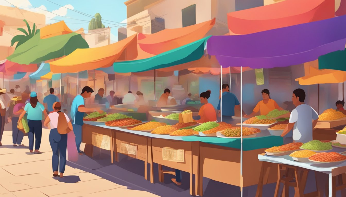 A bustling Mexican marketplace with vendors selling freshly made tacos from colorful food stalls