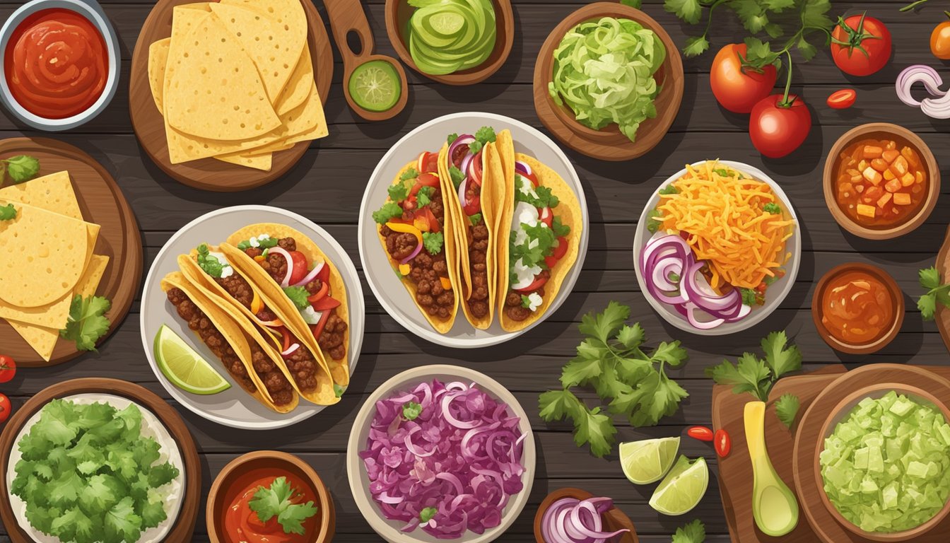 A colorful array of taco fillings and toppings arranged on a rustic wooden table, with various ingredients such as meats, vegetables, salsas, and cheeses