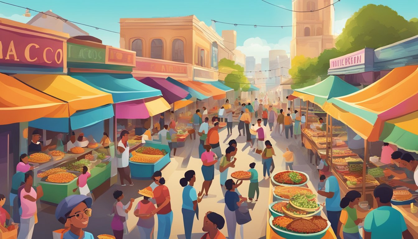 A bustling street market with vendors selling tacos, surrounded by diverse groups of people enjoying the food. The scene is filled with vibrant colors and lively energy