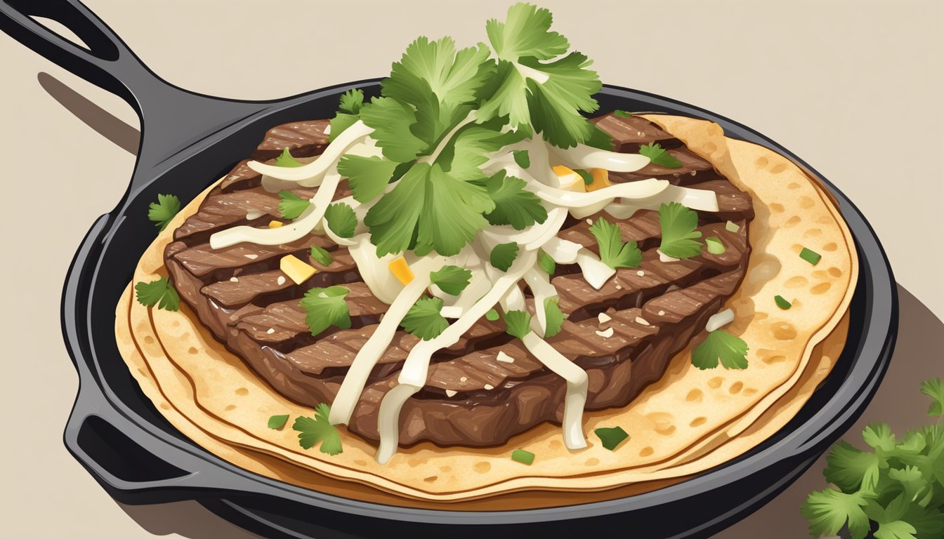 A sizzling skillet with grilled steak, fresh cilantro, diced onions, and melted cheese, all nestled in a warm corn tortilla