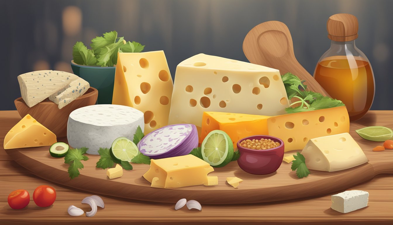 A variety of cheeses displayed on a wooden board, with colorful taco ingredients in the background