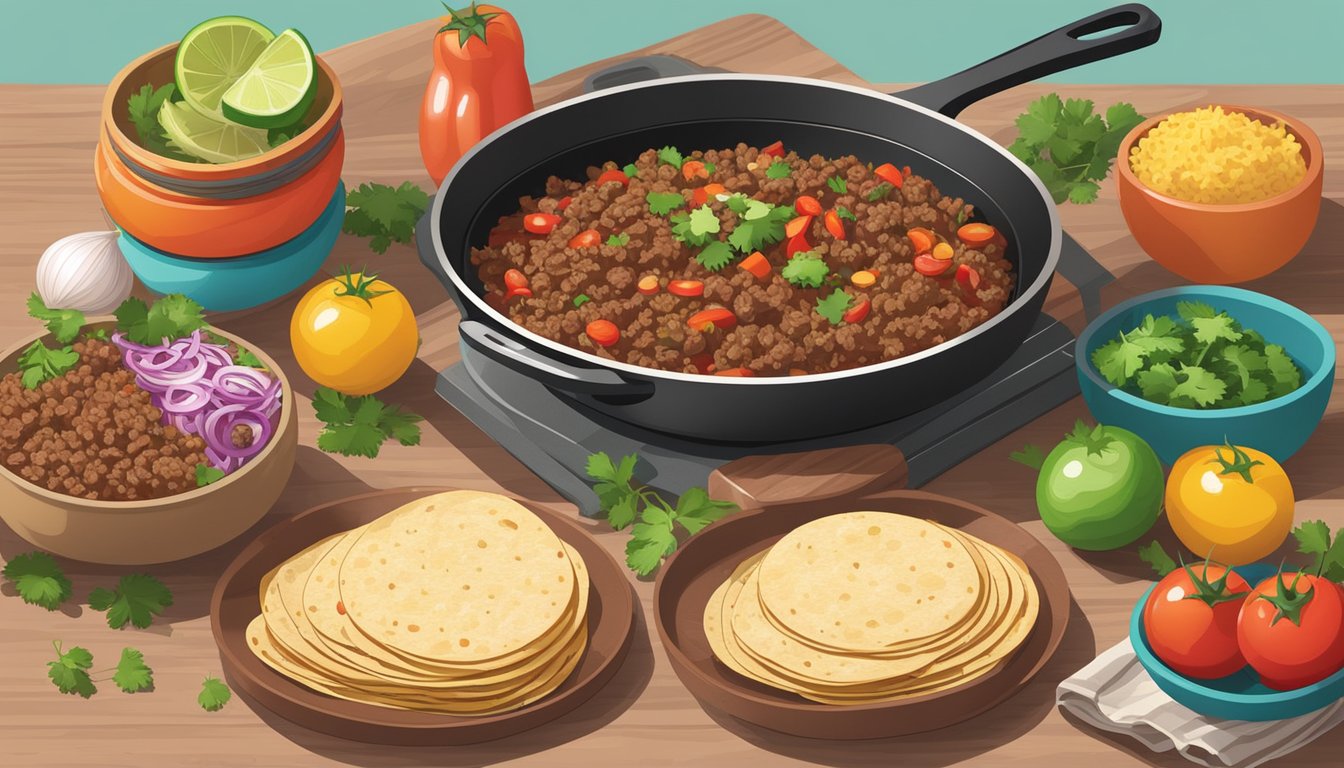 A sizzling skillet of ground beef mixed with spices, surrounded by colorful bowls of chopped onions, tomatoes, and cilantro, all next to a stack of warm tortillas