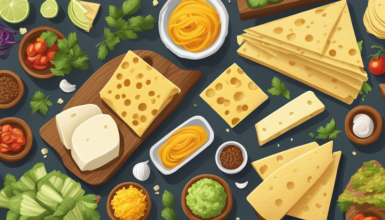 A variety of taco ingredients and different types of cheese arranged on a wooden cutting board