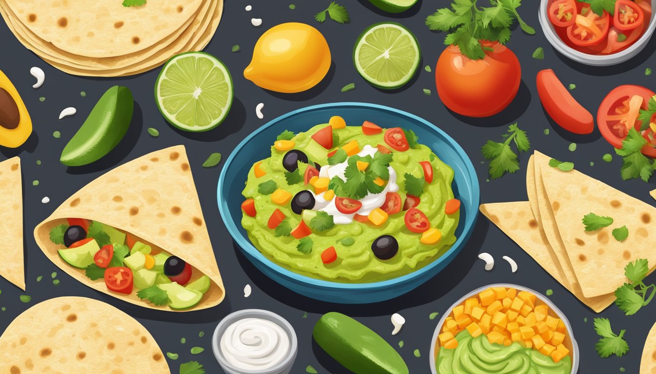 A colorful array of fresh ingredients arranged around a warm tortilla, with a dollop of creamy guacamole and a sprinkle of zesty salsa