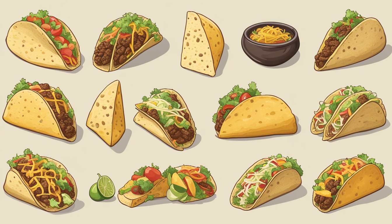 Various taco types displayed with corresponding cheese options for tasting and comparison