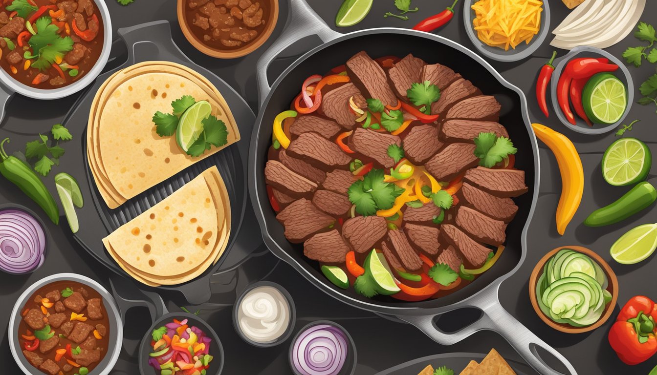 A sizzling skillet with seasoned beef, onions, and peppers, surrounded by a variety of fresh toppings and warm tortillas