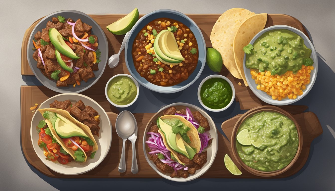 A colorful spread of various taco fillings and toppings, with a focus on traditional Texan flavors like barbacoa, brisket, and salsa verde