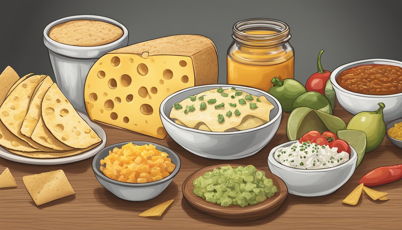 A variety of cheeses displayed next to taco condiments and extras, with a taco shell and toppings in the background