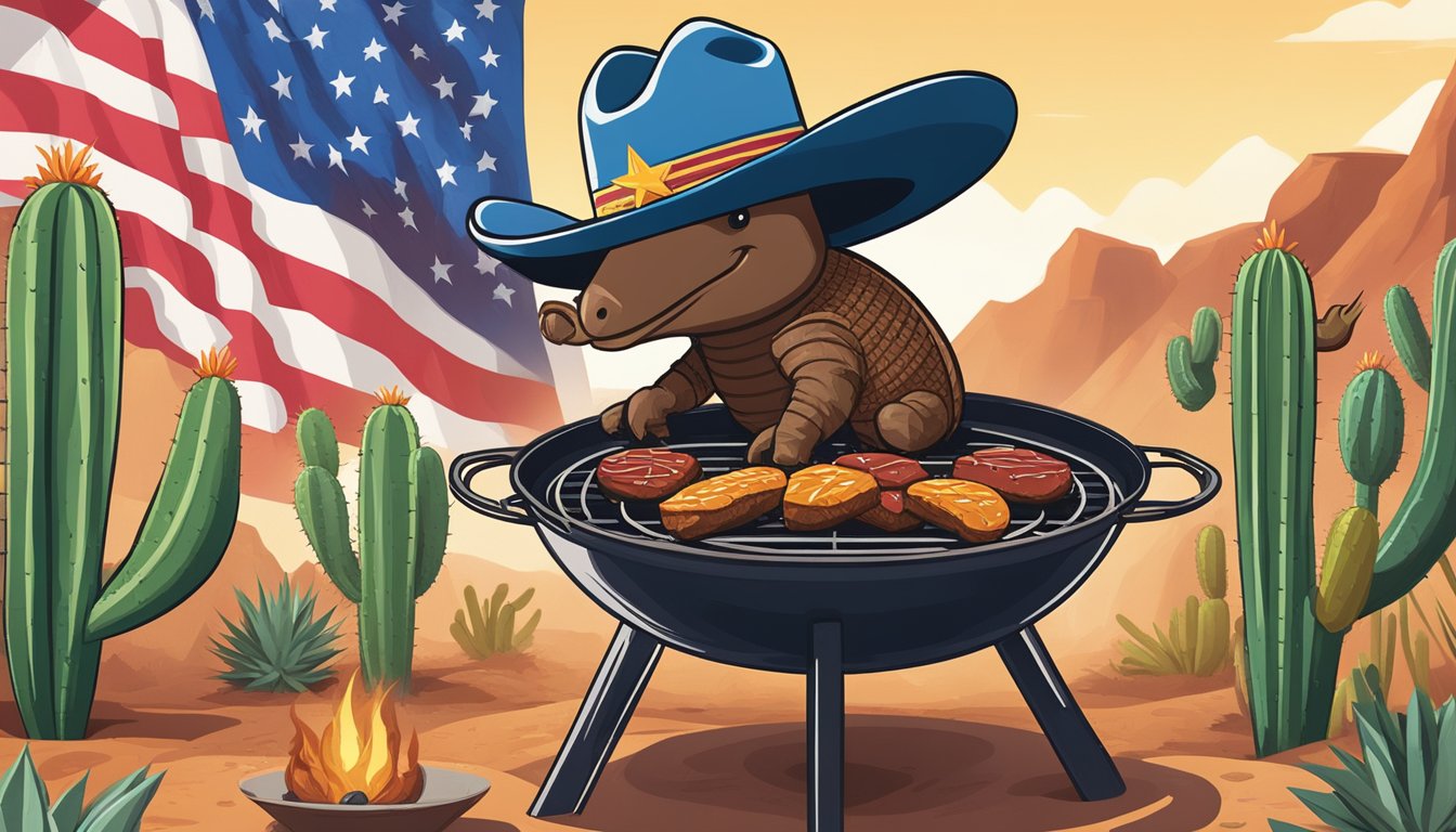 A cowboy hat-wearing armadillo grilling steak and jalapenos over an open flame, surrounded by colorful cacti and a lone star flag