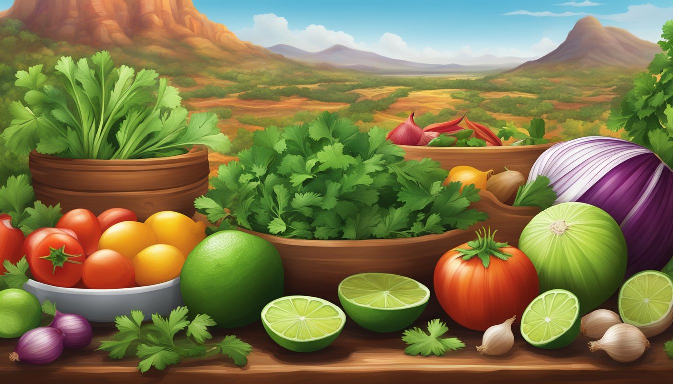 A colorful array of fresh ingredients including cilantro, lime, onions, and various traditional spices, with a backdrop of vibrant Mexican landscapes