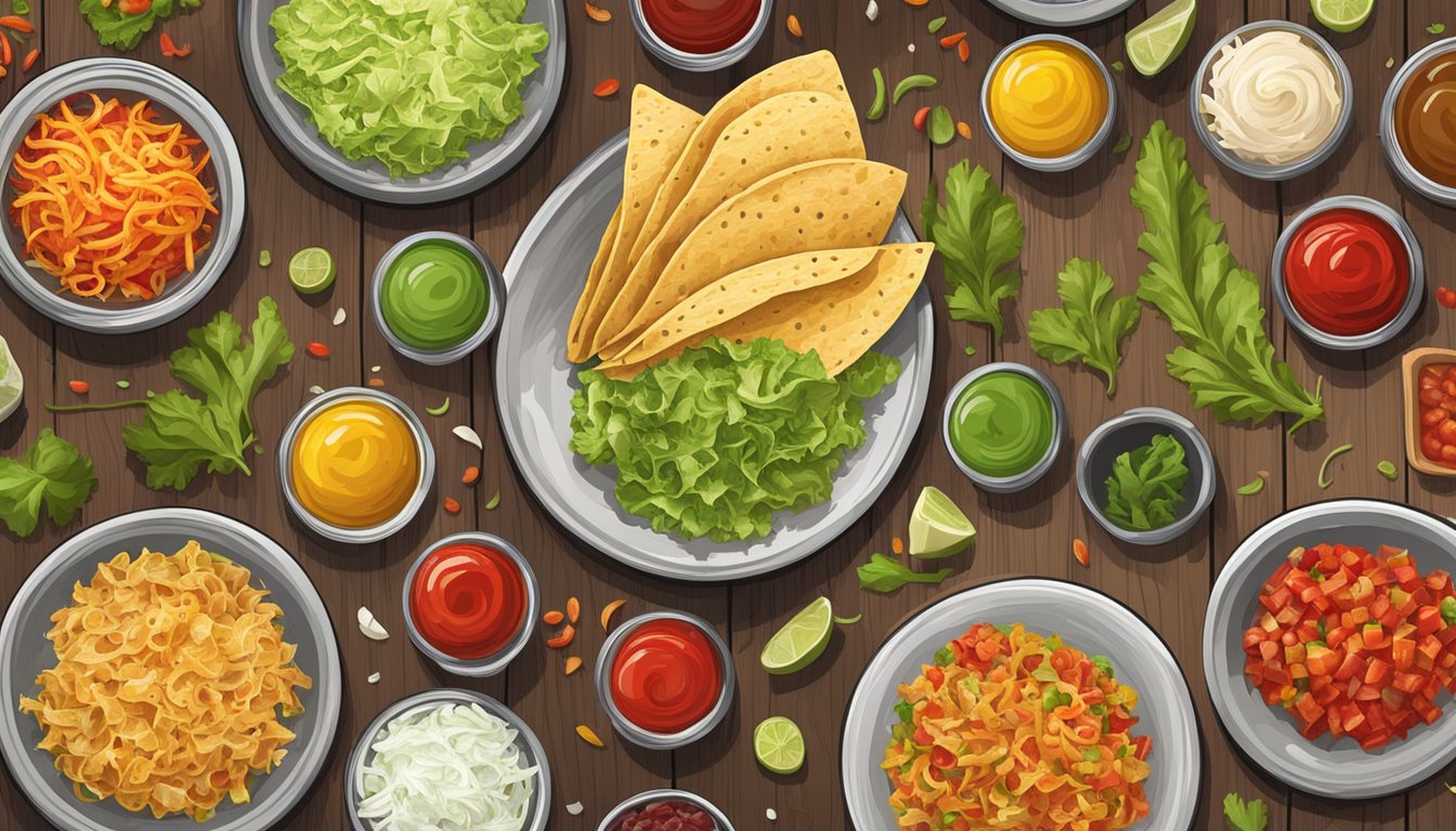 A variety of vibrant taco condiments, from diced tomatoes to shredded lettuce, spread out on a wooden table