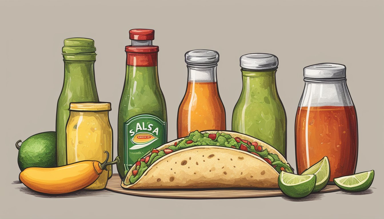 Various condiments, such as salsa, guacamole, and hot sauce, gather around a taco, each with a sense of curiosity and adventure