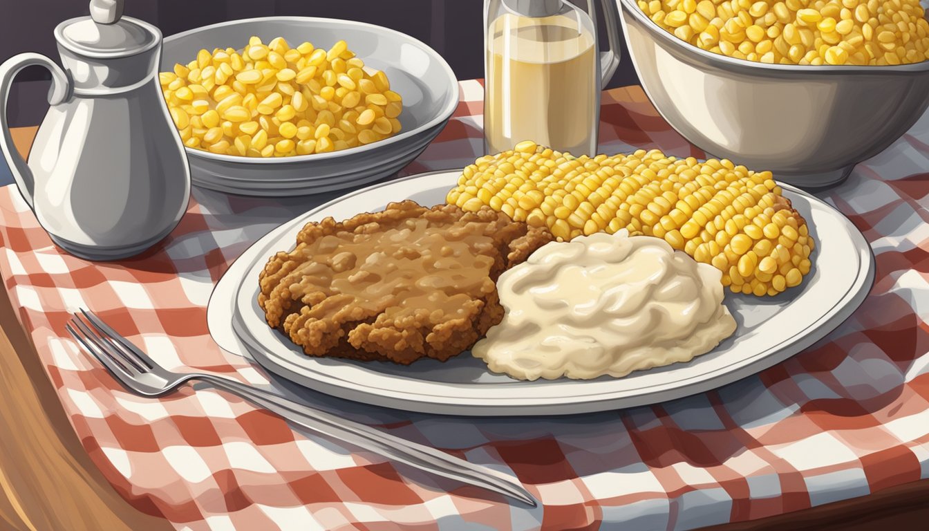 A sizzling chicken fried steak with creamy gravy and a side of mashed potatoes and buttery corn on a checkered tablecloth