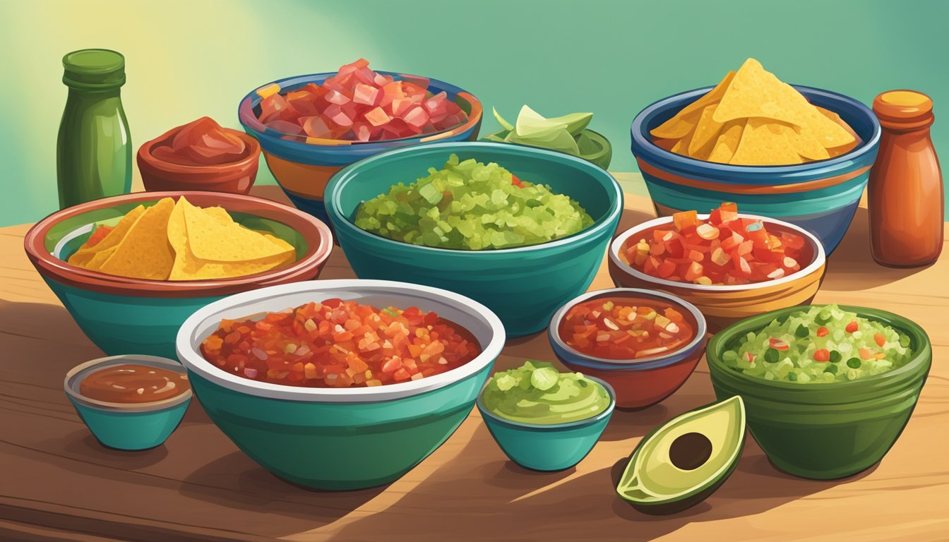 A variety of taco condiments arranged on a table for dietary considerations. Salsa, guacamole, and pico de gallo are displayed in colorful bowls