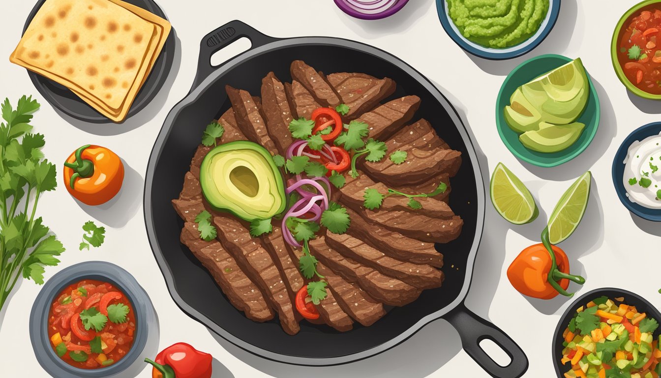 A sizzling skillet filled with grilled beef, onions, and peppers, surrounded by warm tortillas and an array of toppings like fresh salsa, guacamole, and cilantro