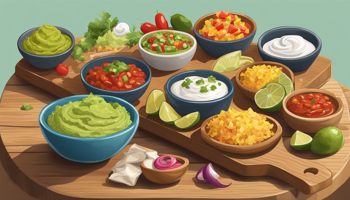 A colorful array of taco condiments arranged on a wooden serving board, including bowls of salsa, guacamole, sour cream, and various fresh toppings