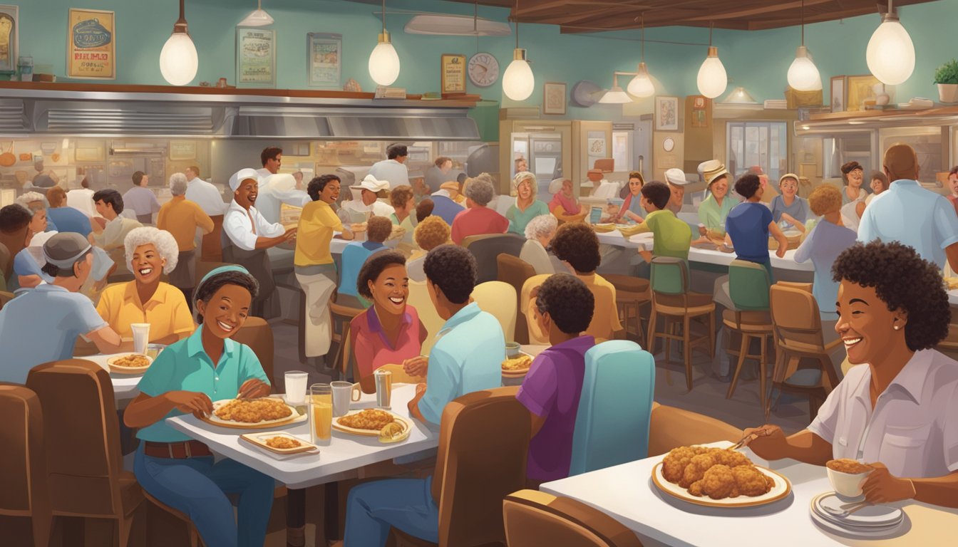 A crowded Texas diner with a sizzling kitchen, a platter of golden chicken fried steak, and smiling patrons enjoying the hearty dish