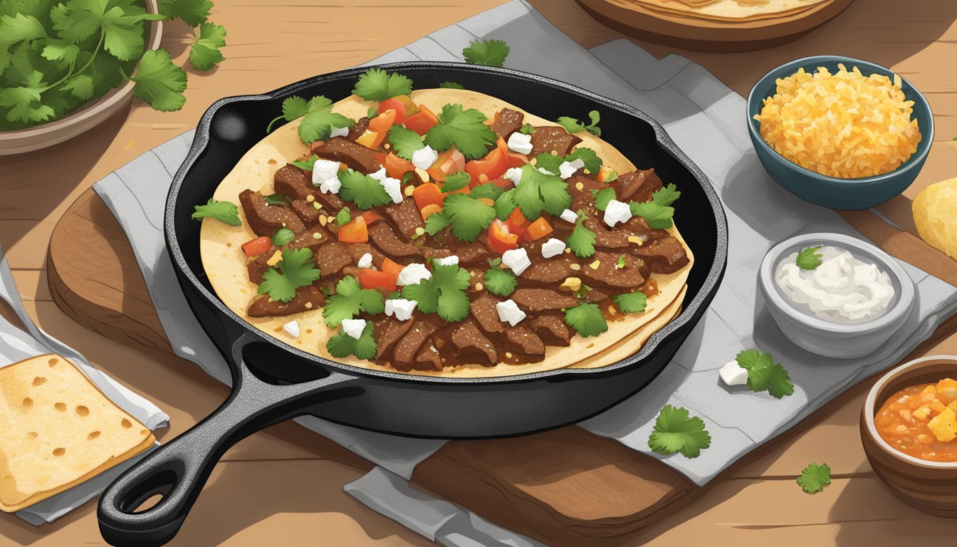 A sizzling skillet holds a warm tortilla filled with seasoned beef, fresh cilantro, diced onions, and a sprinkle of crumbled queso fresco. A dollop of tangy salsa completes the perfect Texas taco