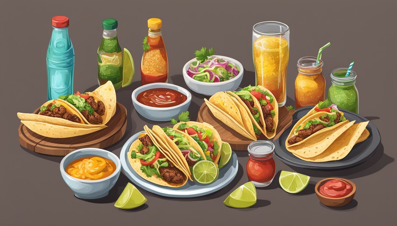 A table set with a variety of tacos and accompanying drinks, surrounded by an array of colorful and flavorful condiments